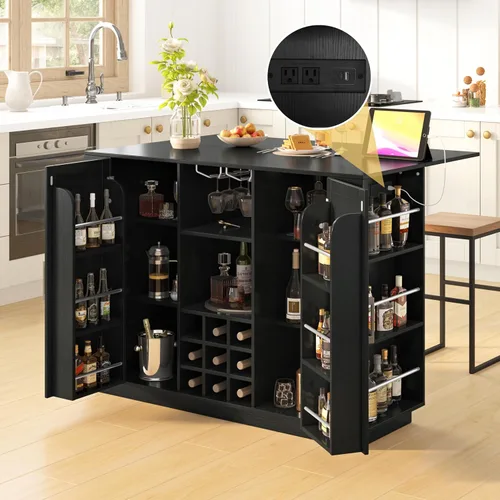 Vista 2 de 47.2" Multifunctional Kitchen Island with Drop Leaf & Power Outlet – Wine Bar with Bottle Rack, Coffee Station, 2-Door Storage & Adjustable Shelves