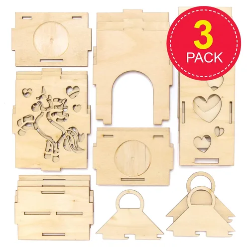 Vista 2 de Baker Ross AX665 - Juego de 3 faroles de unicornio, manualidades de madera para actividades de arte y manualidades infantiles, ideal para fiestas