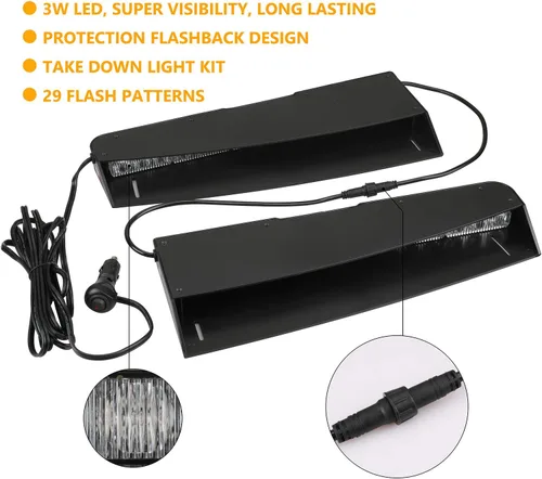 Vista 4 de ASPL Barra de luces para visera de 2 a 15 LED, 29 patrones de destello, interior superior de parabrisas, montaje dividido, luz estroboscópica