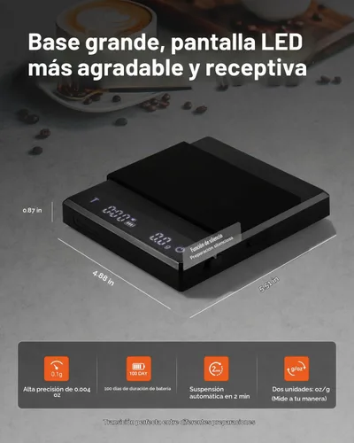 Vista 4 de Báscula de café recargable con temporizador, gran escala digital de vertido, precisión de 4.4 lbs/0.00 oz para peso de espresso, goteo, tara Negro
