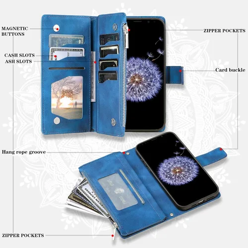 Vista 3 de Asuwish Funda de teléfono para Samsung Galaxy S9 Plus con protector de pantalla de vidrio templado y correa para la muñeca Mandala Flower Flip