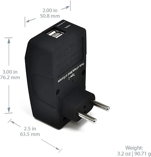 Vista 5 de Enchufe adaptador de viaje Ceptics GP4-9 Schuko, 4 en 1, tipo E/F, enchufe universal con 2 puertos USB Type C - Most of Europe Negro