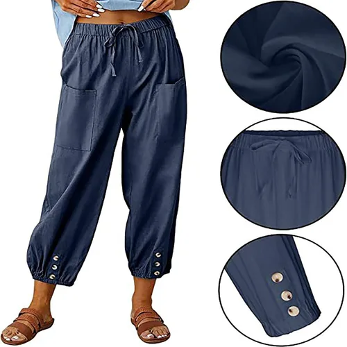 Vista 6 de ZQFFB Pantalones capri para mujer, casuales, de verano, de lino, cintura elástica, pantalones cortos con cordón