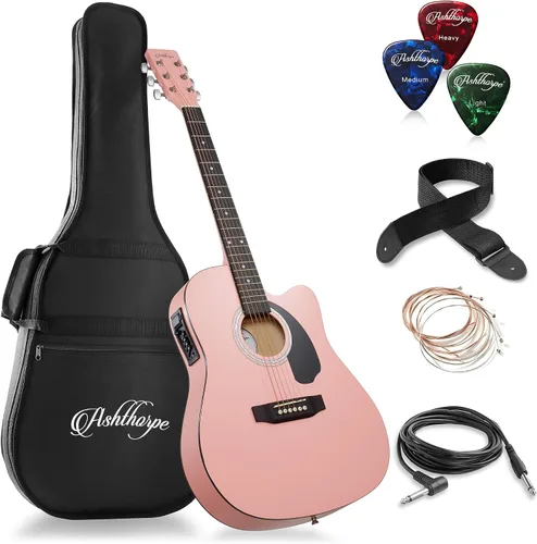Vista 12 de Ashthorpe - Paquete de guitarra electroacústica estándar con diseño delgado con corte - de madera Tonewood de primera calidad Negro