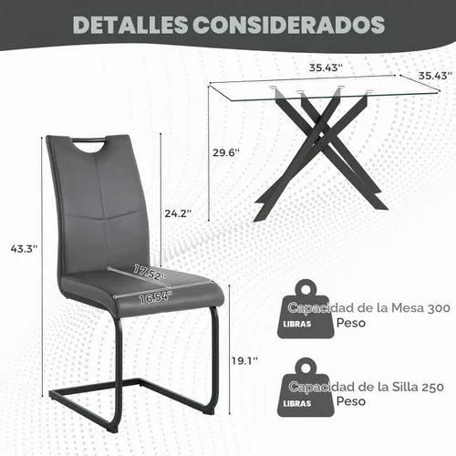 Vista 2 de Juego de mesa de comedor de vidrio de 51 pulgadas para 4 personas con tapa de vidrio templado, color negro Patas de metal negro, sillas de cuero