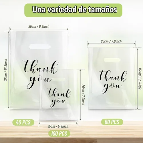 Vista 2 de Yeaqee 200 Piezas Bolsas Transparentes de Mercancía de Agradecimiento con Asas Troqueladas Bolsas de Compras de Plástico Reutilizables para Venta al
