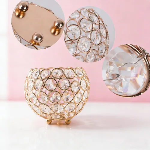 Vista 4 de Crystal Beads Makeup Brush Holder, Handcrafted Cosmetics Makeup Brushes Cup Organizer Vanity Decor, Candle Holder Decoration Tray(Gold)