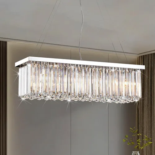 Vista 16 de Araña moderna de onda, araña rectangular de cristal con gotas de lluvia, montaje empotrado, lámpara colgante de techo cromada, ideal para comedor