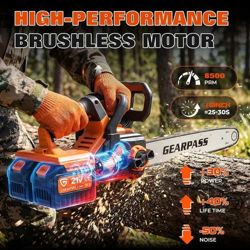 Vista 4 de Motosierra inalámbrica de 42 V y 16 pulgadas con 2 baterías de 4.5 Ah y cargador rápido doble, motosierra eléctrica sin escobillas, tensado sin