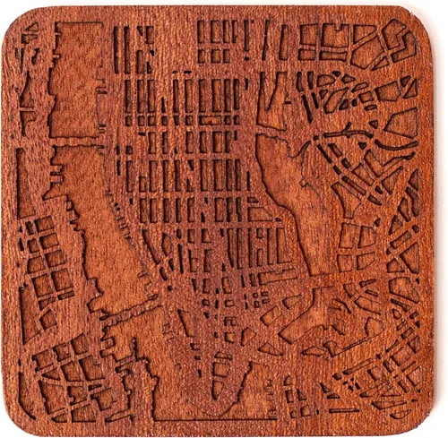 Vista 150 de Posavasos Amsterdam Map by O3 Design Studio, 1 pieza, posavasos de madera Sapele con mapa de la ciudad, hecho a mano, varias ciudades opcionales