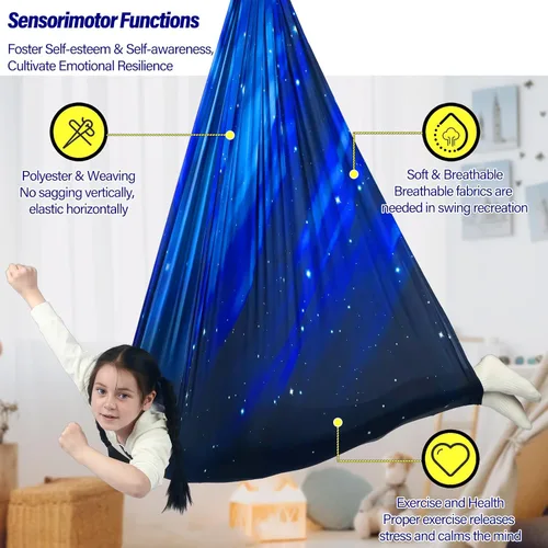 Vista 4 de Columpio Sensorial para Niños Soporta hasta 300 libras Interior y Exterior Columpio de Terapia Abrazador con Kit Colgador de Ganchos para Hamaca