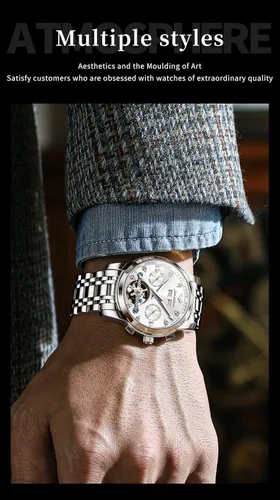 Vista 7 de JSDUN Relojes para hombre automático de cuerda automática, reloj de pulsera mecánico, multicalendario, acero inoxidable, mes, fecha, semana