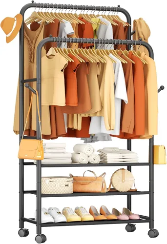 Vista 11 de Furologee - Percheros enrollables para colgar ropa, con dobles varillas, con ruedas, perchereros resistentes, perchero metálico portátil