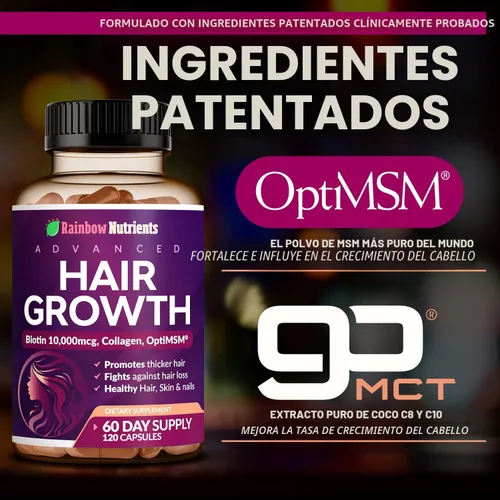 Vista 8 de Paquete de 2 vitaminas para el crecimiento del cabello para mujeres Biotina 10,000 mcg, colágeno, OptiMSM® patentado, goMCT®, saw palmetto