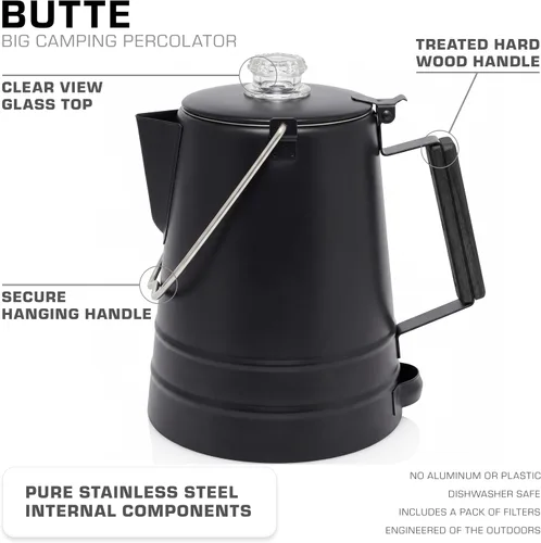 Vista 4 de COLETTI Butte Coffee Percolator Camping - Cafetera percoladora, sin aluminio ni plástico [negro, 14 tazas]