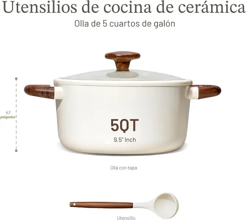Vista 2 de CAROTE Olla de 5 cuartos de galón antiadherente con tapa, cacerola de 5 cuartos con cuchara, olla de calentamiento uniforme, se adapta a todas
