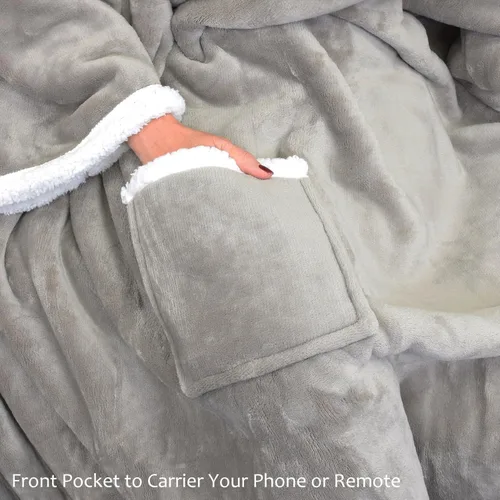 Vista 6 de Catalonia - Manta de forro polar tipo sherpa con mangas y bolsillo, microfelpa abrigada y cómoda para ver TV, manta para adultos, mujeres y hombres