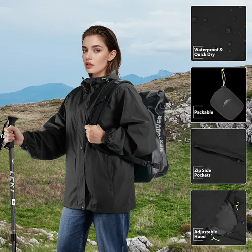 Vista 4 de LAMA Chaqueta impermeable ligera para mujer, rompevientos con capucha, protección solar, impermeable plegable con bolsillo