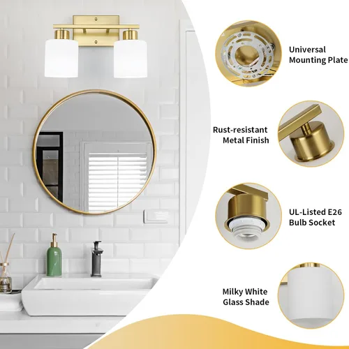Vista 4 de WILON 2 luces doradas cepilladas, accesorios de iluminación de tocador de baño con pantallas de vidrio esmerilado blanco leche, modernas luces
