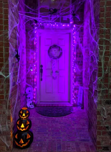 Vista 4 de Luces moradas de Halloween para exteriores, 33 pies, 100 luces LED impermeables de Navidad con 8 modos de iluminación, decoraciones de Halloween