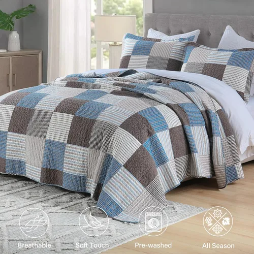Vista 2 de Finlonte Edredones Tamaño Queen - Juego de Edredón Queen de Algodón 100% a Cuadros, Juego de Ropa de Cama de Granja Moderna, Colcha Reversible