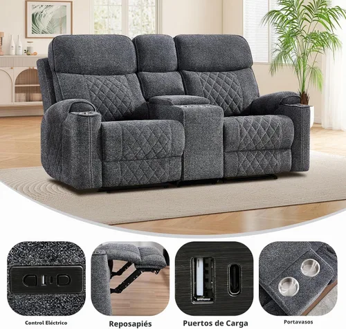 Vista 3 de EBELLO Sofá reclinable eléctrico de tela, sofá reclinable de dos plazas con portavasos, puertos de carga USB tipo C y espacio de almacenamiento, 2