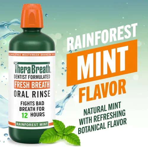 Vista 4 de TheraBreath - Enjuague bucal con aliento fresco, menta de bosque lluvioso, 33.8 onzas Sin alcohol, combate el mal aliento
