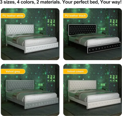 Vista 6 de Base de cama de plataforma tapizada tamaño Queen con cabecera LED, proyector de estrellas integrado y cabecera ajustable, no necesita somier, fácil
