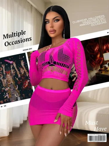 Vista 4 de Buitifo Lencería sexy para mujer, babydoll de red, ropa de noche, top exótico y minifalda Rojo rosa