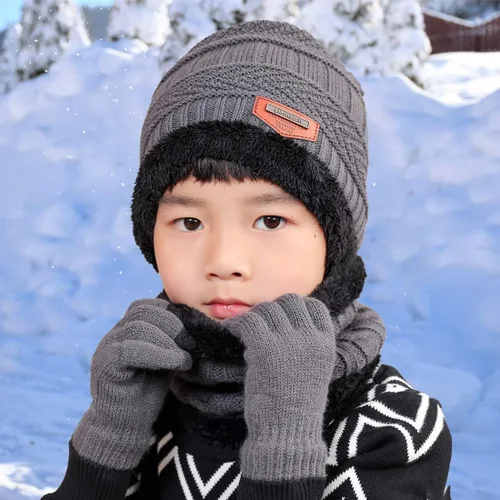 Vista 4 de T WILKER Juego de 3 gorros de invierno para niños, bufanda y guantes para pantalla táctil