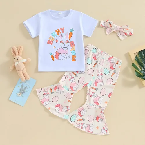 Vista 2 de Rtnnsbbfcm Conjunto de camiseta de manga corta para bebé niña con estampado de trébol irlandés y pantalones acampanados para el día de San Patricio
