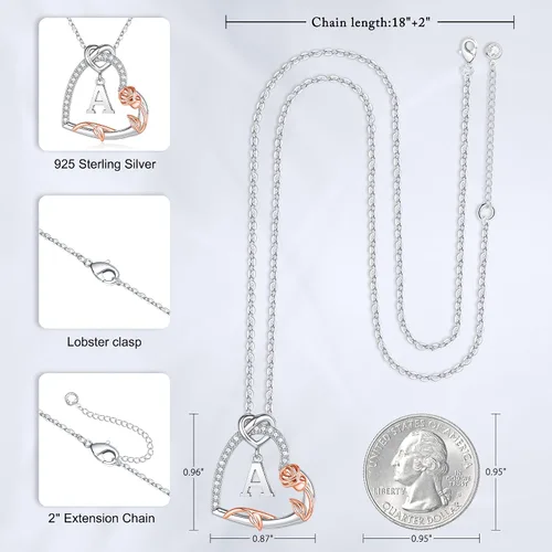 Vista 4 de Iefil Collares de corazón de rosa, regalos para mujer, collares de plata de ley 925 con inicial de corazón, regalos de cumpleaños de aniversario