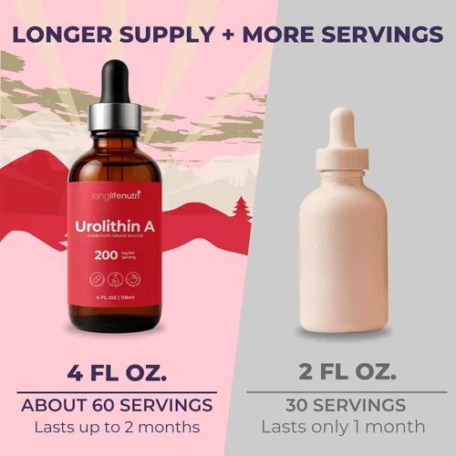 Vista 3 de Suplemento líquido de urolitina A, 200 mg por porción de 0.1 fl oz, botella de 4 onzas líquidas, formulado en EE. UU., Alternativa a la cápsula