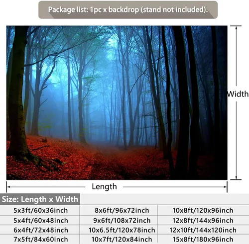 Vista 2 de Misty Forest Backdrop Halloween Eve Dark Blue Fog Fall Autumn Maple Leaves Woods Background for Thanksgiving Party Photography Studio Photo Booth