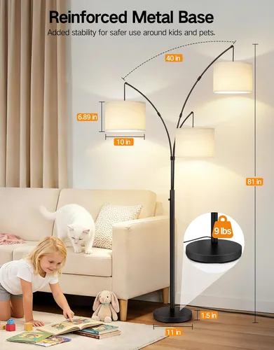Vista 7 de OUTON Lámpara de pie LED de arco, lámpara de pie alta moderna negra de 3 luces para dormitorio, 2400lm lámparas de esquina de pie ajustables