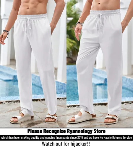 Vista 2 de Enjoybuy Pantalones de lino con cordón para hombre, para playa, golf, cintura elástica, primavera, largos, casuales, sueltos, para yoga, verano
