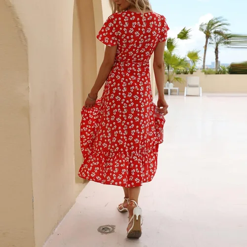 Vista 4 de Vestido por debajo de la rodilla de verano con estampado floral bohemio, manga corta, cuello en V, de fiesta, de playa ,con volantes y cinturón