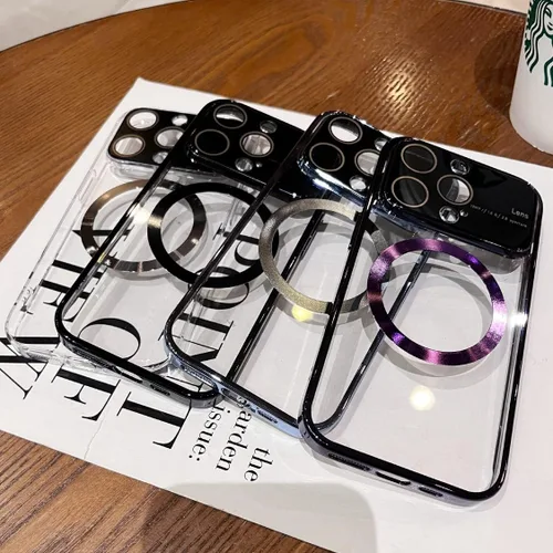 Vista 6 de Funda para iPhone 13, 14, 12, Pro Max, protector de cámara para lente de vidrio, vista de logotipo compatible con MagSafe, magnética transparente