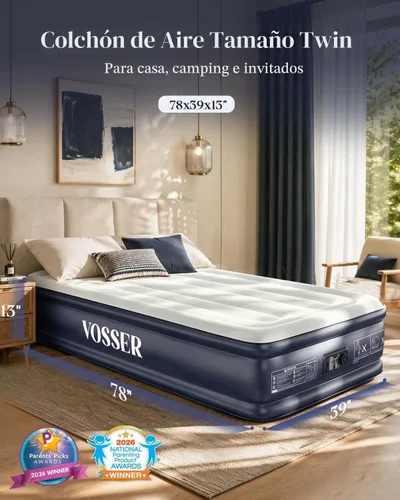 Vista 2 de VOSSER Colchón de aire individual XL con bomba incorporada, colchón inflable extra largo de 13 pulgadas elevado de 80 pulgadas, cama de aire Azul