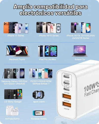 Vista 5 de FEEL2NICE - Bloque de cargador USB C de 100 W, cargador de pared rápido de 5 puertos [3 PD USB-C y 2 QC 3.0 USB-A], adaptador compacto para MacBook