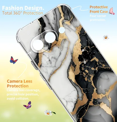Vista 4 de Funda para Google Pixel 10A, 5G, mármol y flores, delgada, anticaídas, a prueba de golpes, suave, a prueba de golpes, transparente, fundas negro