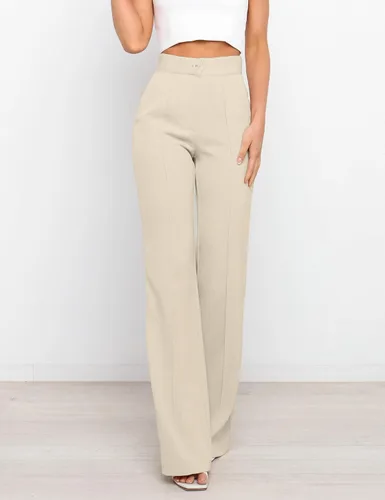 Vista 4 de Pantalones casuales de pierna ancha de cintura alta para mujer, pantalones de vestir con botones para mujer, pantalones de trabajo con bolsillos