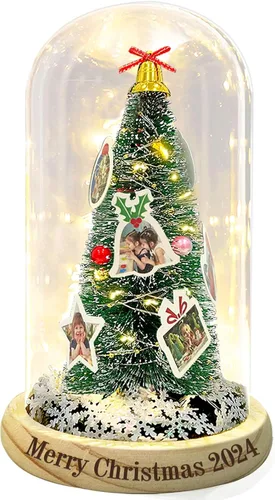 Vista 7 de Regalos personalizables de Navidad: cúpula de fotos personalizada para árbol de Navidad con luces LED, base de madera grabada personalizada