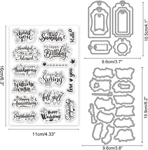 Vista 2 de INFUNLY Juego de 3 sellos y troqueles para hacer tarjetas, bendición, palabras, troqueles y sellos, diseño de feliz primavera, sellos transparentes