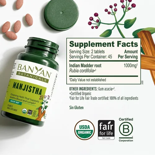 Vista 5 de Banyan botánicos Manjistha Tablets- USDA – rubia cordifolia – limpia la sangre y la Linfa – Ayurveda