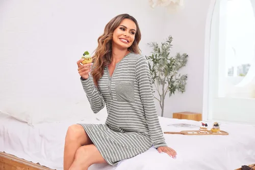 Vista 2 de Ekouaer Camisón o pijama de manga larga con cuello en V y botones para mujer