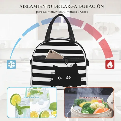 Vista 5 de Perinsto Bolsa de almuerzo a rayas blancas y negras con diseño de gatos, contenedor aislado reutilizable con correa de hombro ajustable, 9 x 5 x 7.8