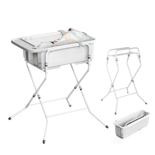 Vista 9 de Bañera plegable para bebé con soporte, bañera grande para bebé con termómetro y cojín Bañera portátil de viaje para recién nacidos Bañera
