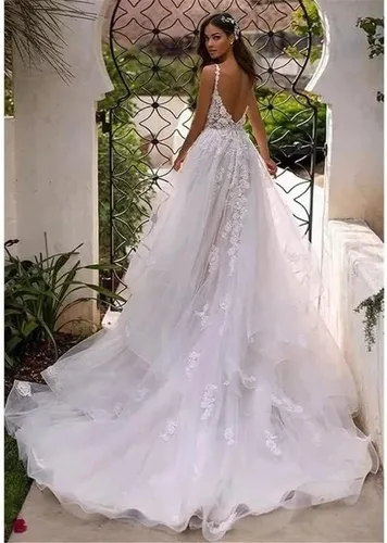 Vista 2 de Vestido de novia de encaje, vestidos de novia largos de playa, vestidos de novia con cuello en V, vestidos de novia para novia sin espalda