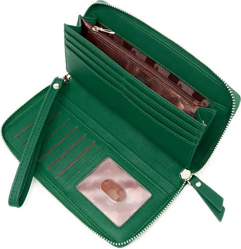 Vista 2 de Badiya Cartera para mujer con bloqueo RFID, soporte para tarjetas de crédito, de gran capacidad, con cierre de cuero, con cremallera alrededor